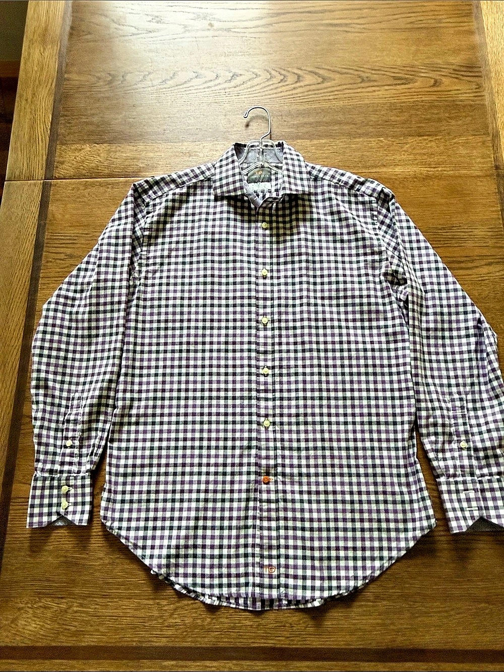 Thomas Dean Plaid Button Down Shirt in Purple, White & Black Size Medium